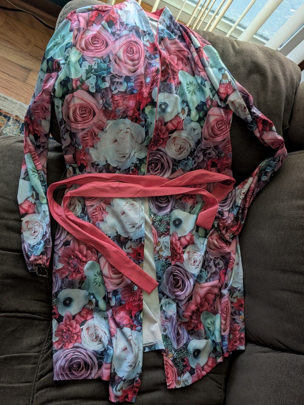 Floral Satin Robe with Pink Belt